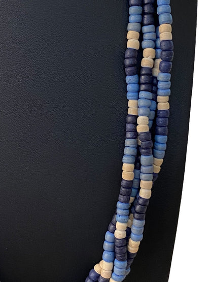 Vintage 1970s Blue Wooden Bead Statement Necklace Hook Closure Four Strand 27"