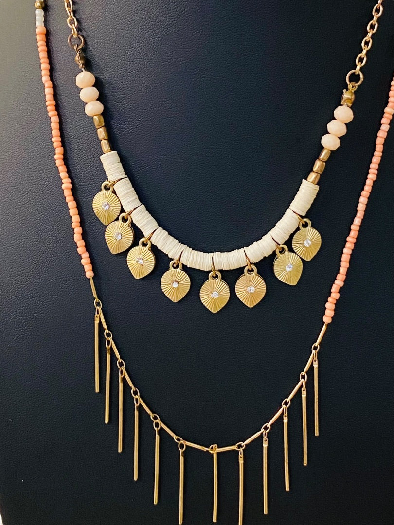 Dual Strand Layered Necklace Pink Seed Beads Goldtone 18-20"