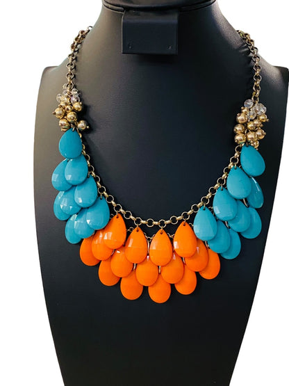 Statement Necklace Teal Coral Goldtone Funky Lays Flat Faceted Acrylic Beads
