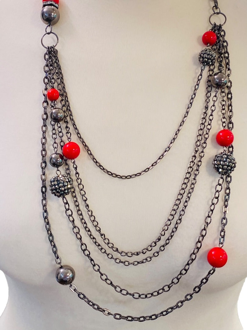 Pewter Color Layered Look Necklace Red Bead Lobster Clasp 27" Long