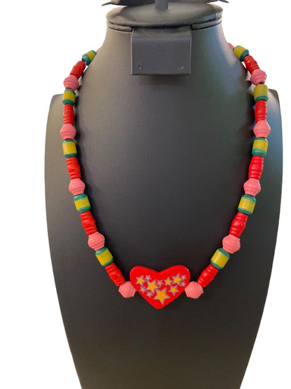 Wooden Beaded Necklace Tie Closure Heart Stars Red Pink Green Yellow 24" Craft