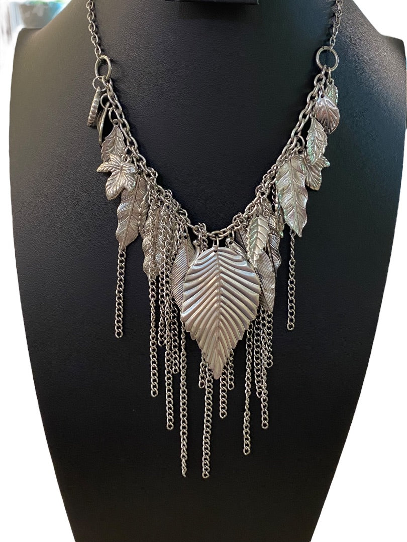 Silvertone Layered Boho Necklace Leaf and Chain Statement 16-18"