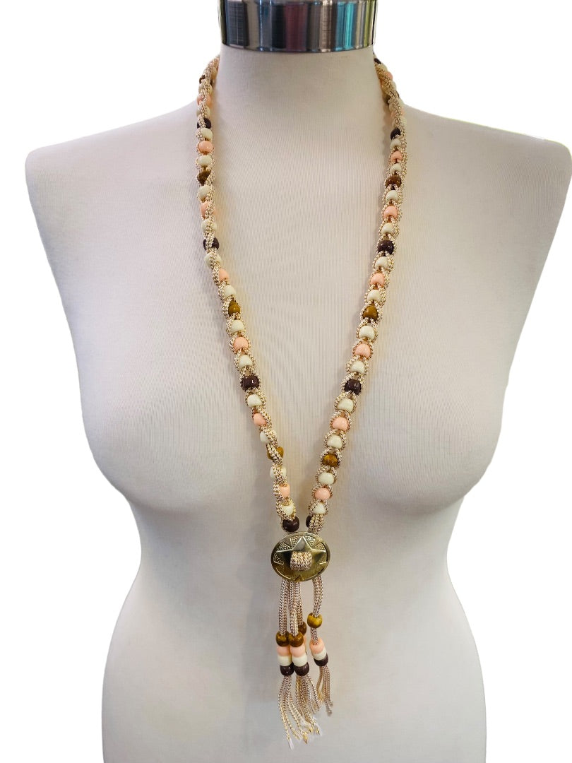 Braided Plastic Bead Necklace 32" Overhead Goldtone Pink Brown Lightweight 5" Tassel