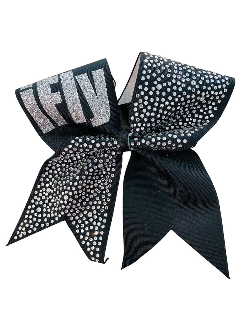 Girls Oversize Hair Bow 6.5" Elastic Ponytail Holder "iFly" Black Silver Bejeweled