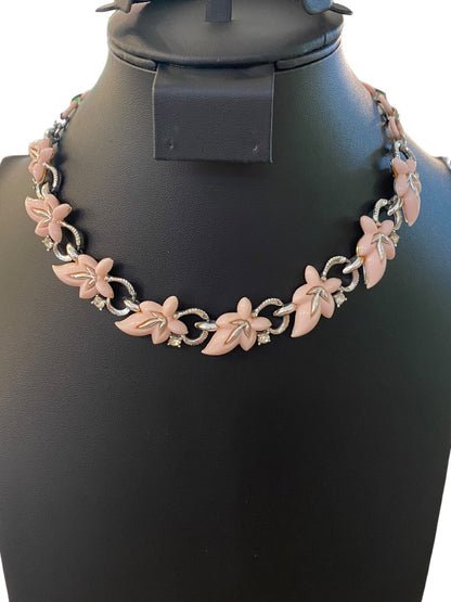 Vintage 13-15" Necklace Hook Closure Pink Plastic Leaf Silvertone