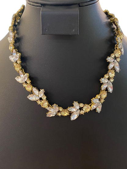 Goldtone Statement Necklace Vine Design Green Clear Faceted Jewels 16-18" Lays Flat