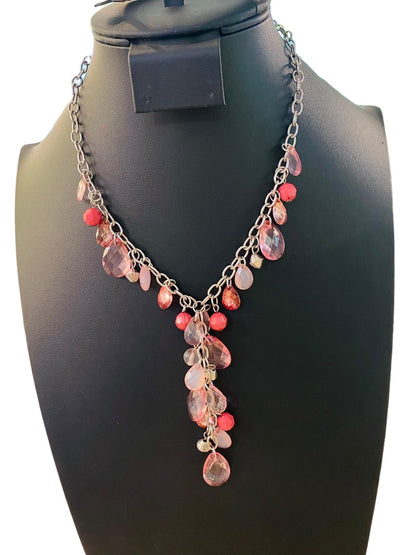 Silvertone Necklace Pink and Mauve Acrylic Faceted Beads 16-19" with 3" Drop