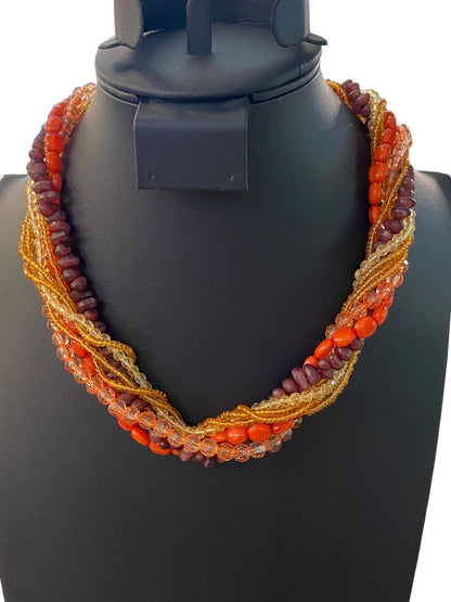 Vintage Twist Multistrand Acrylic Beaded Necklace 18-21" Orange Brown Lobster Clasp