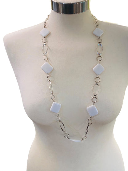 Silvertone and White Acrylic Square Necklace Overhead 34" Lightweight