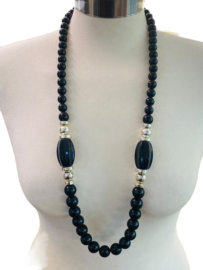 Chunky Black Graduated Bead Necklace Vintage 1990s Silvertone 35" Spring Clasp