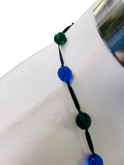 Blue Green Black Knotted Ribbon Necklace Faceted Beads 48" Oversize Spring Clasp
