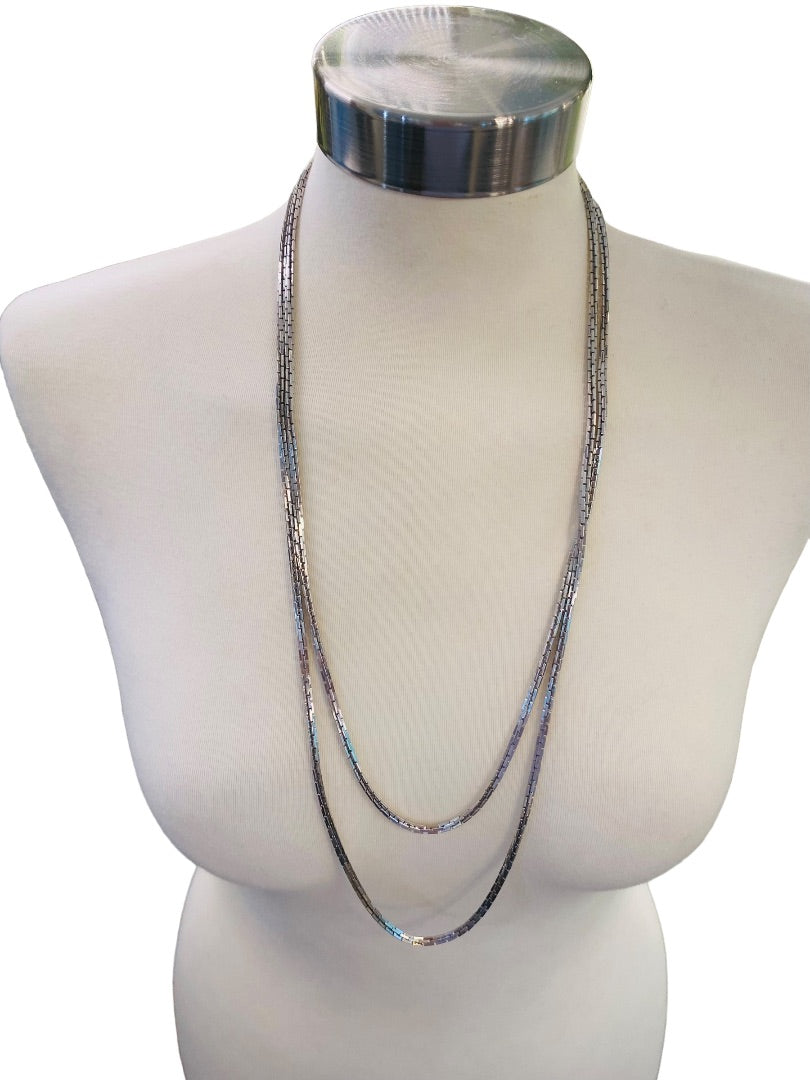 Silvertone Box Chain Necklace 62" Long Spring Clasp Shiny Strand String