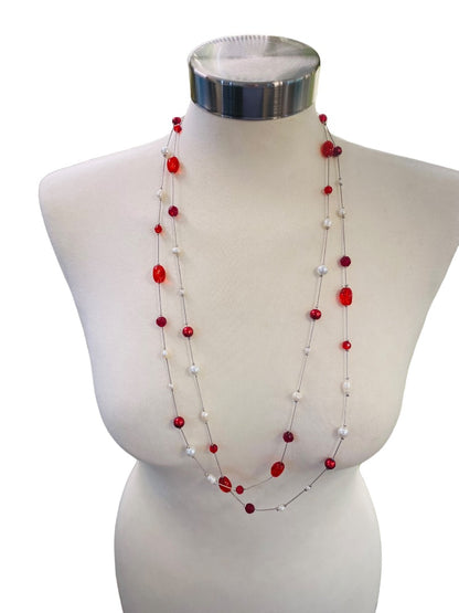 Silvertone Red Chain Necklace Strand String 67" Lobster Clasp Faux Assorted Pearls
