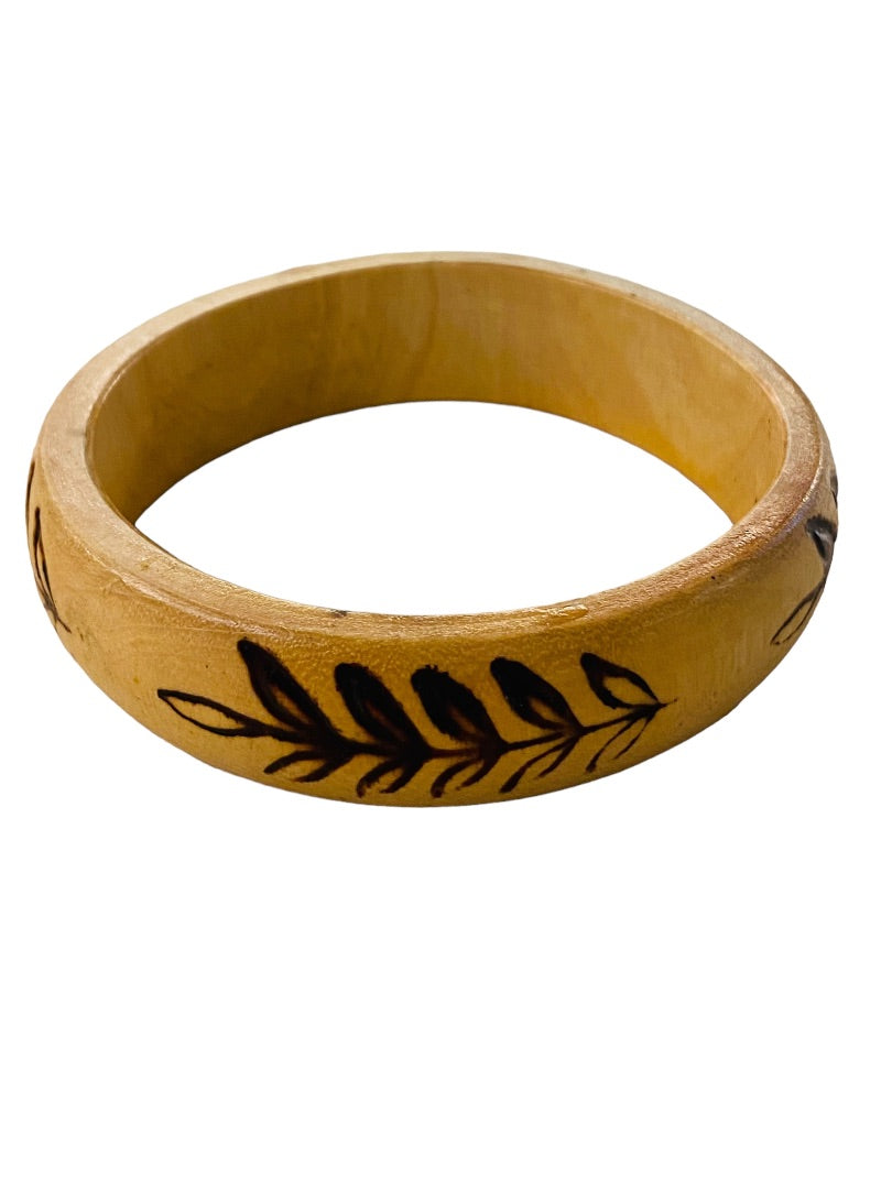 Vintage Wooden Bangle Bracelet Wood Burned Fern Design 2.75" Inside Diameter