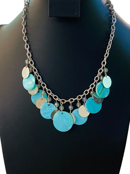 Silvertone and Aqua Charm Layered Circle Necklace 16-19" Lobster Clasp