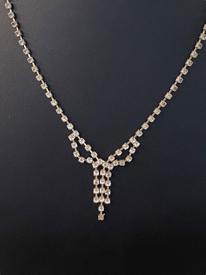 Rhinestone Formal Silvertone Necklace 21" Lobster Clasp 2" Drop