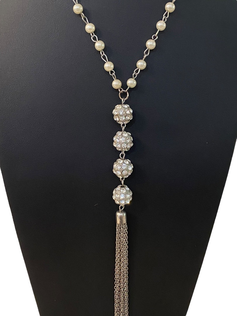 Silvertone Faux Pearl 19" Necklace Tassel 6" Drop Rhinestone Sparkle Lobster Clasp