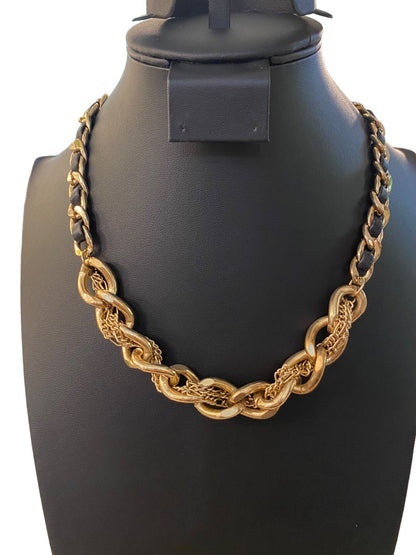 Goldtone and Black Cord Chunky Dual Strand Chain Necklace 17-19" Lobster Clasp