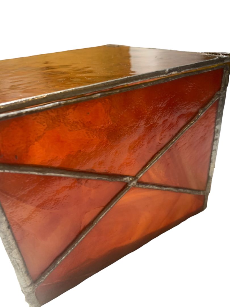 Amber  Stained Glass Lidded Hinged Box Footed Decorative Storage 6.5" Square x 5"h