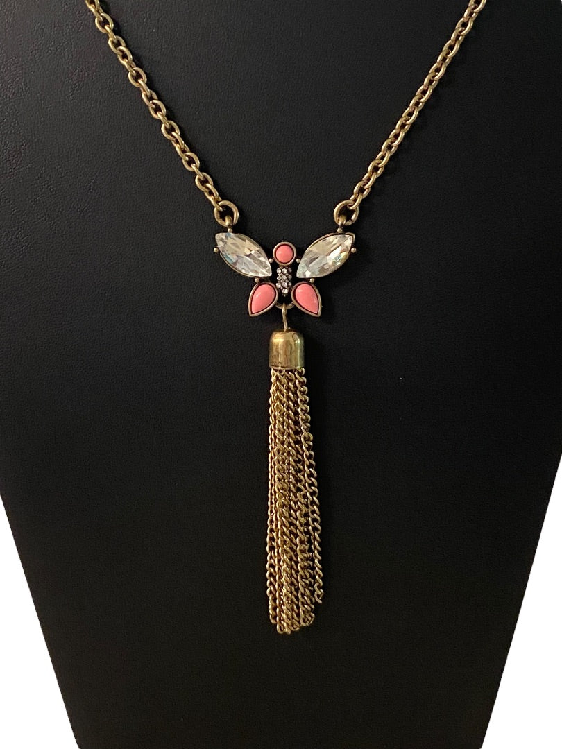 Goldtone Tassel Butterfly 31" Necklace 3.75" Drop Lobster Clasp
