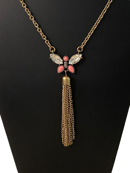 Goldtone Tassel Butterfly 31" Necklace 3.75" Drop Lobster Clasp