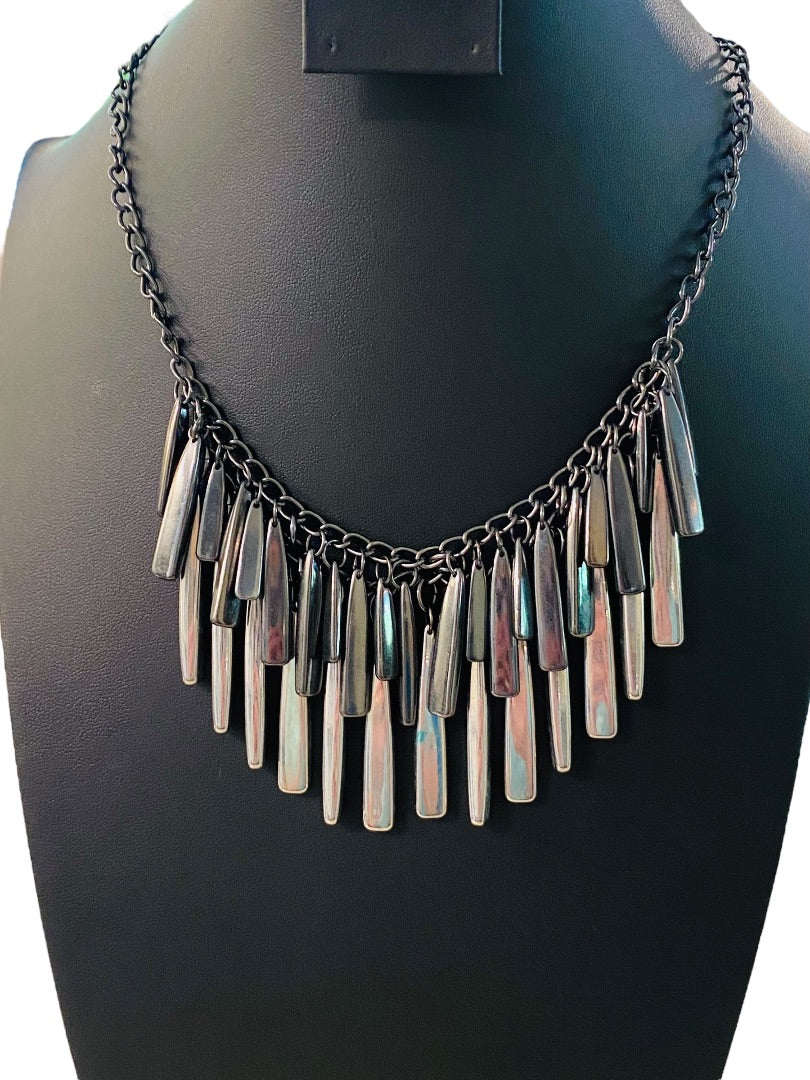 New York & Co Pewter Color and Silvertone Fringe Necklace 18-21" Lobster Clasp 1.5" Drop