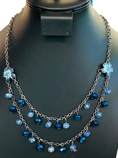 Dark Silvertone Blue Beaded Layered Necklace Floral 19" Lobster Clasp