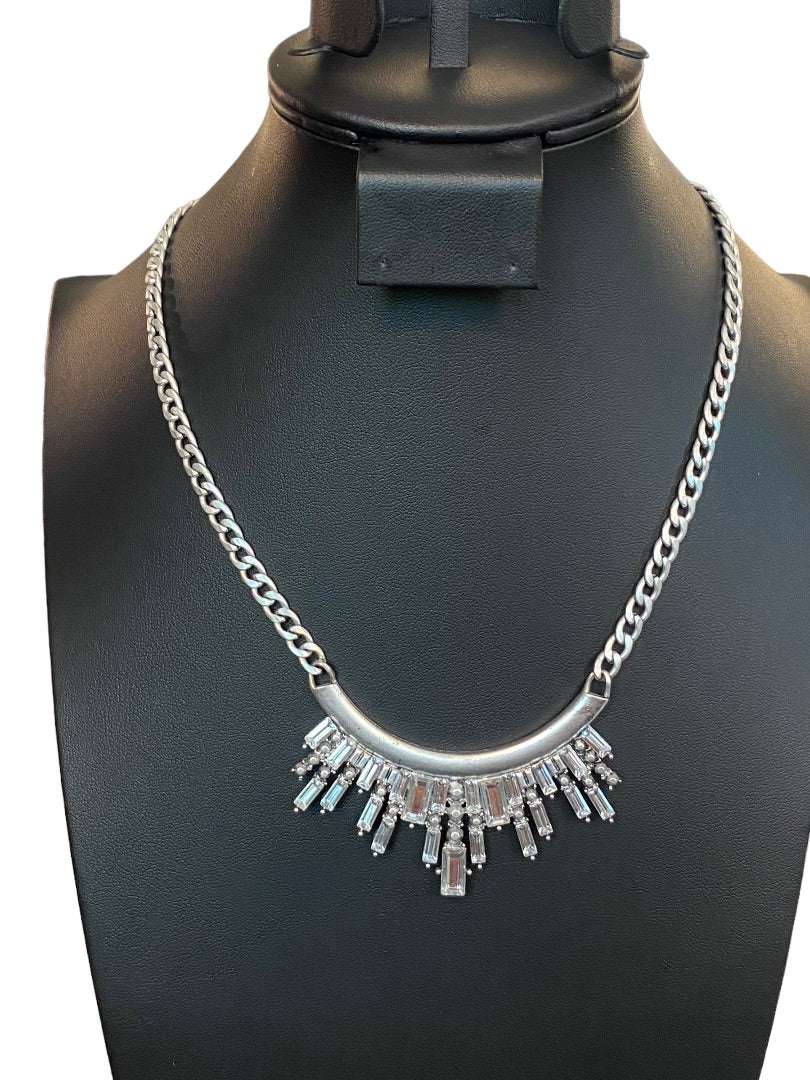 Silvertone Necklace 18"-21"Demilune Attached Pendant Lobster Clasp