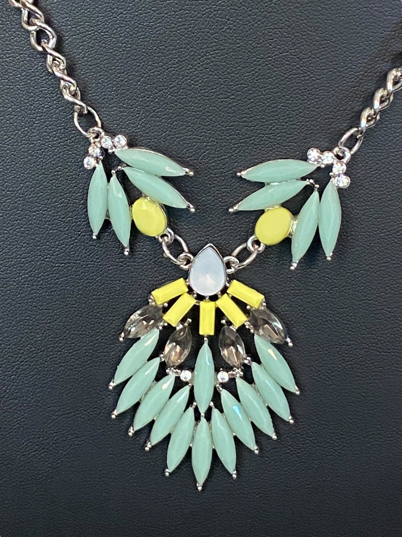 Silvertone Green Yellow 18-19" Statement Necklace Beaded Green Yellow