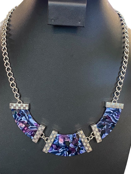 Silvertone Blue Purple 21" Statement Necklace Acrylic Swirl Lays Flat