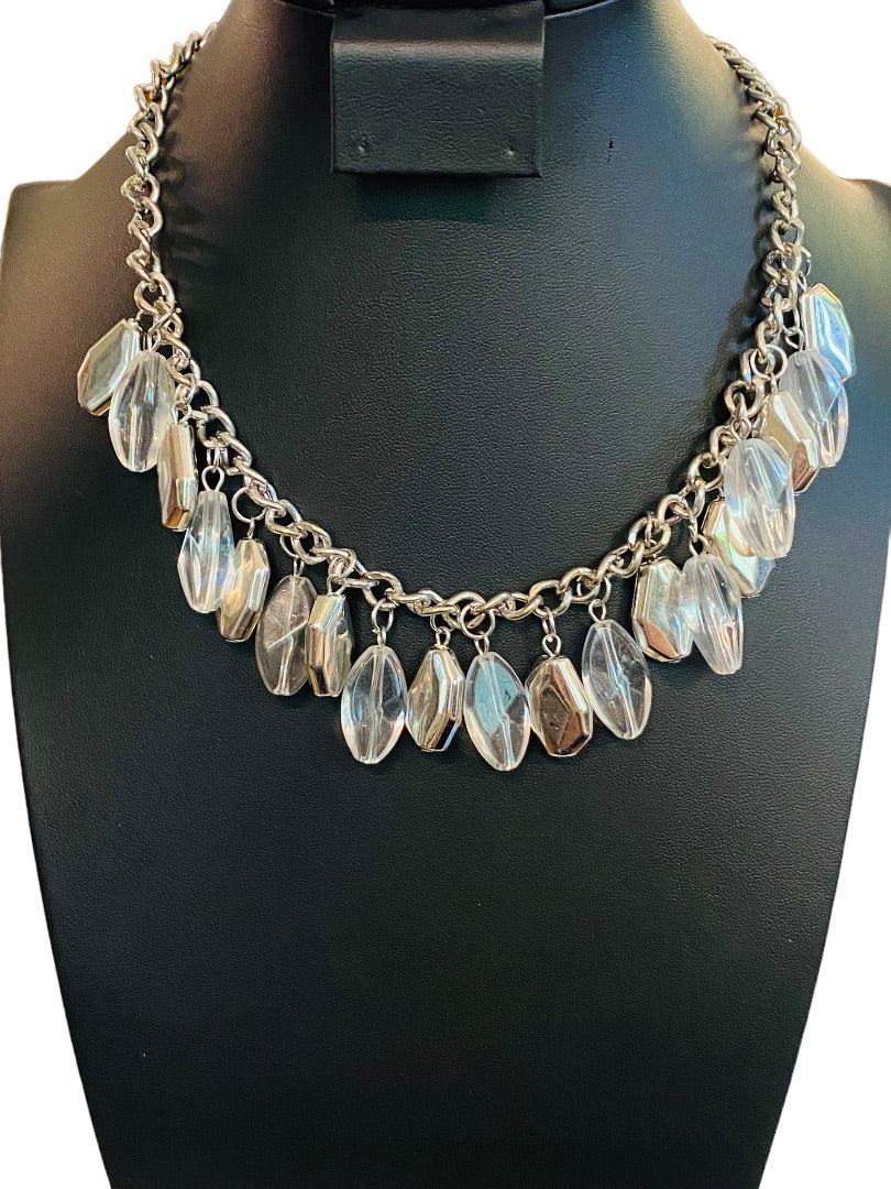 Silvertone 17" Statement Necklace Clear Charm Beads Lobster Clasp