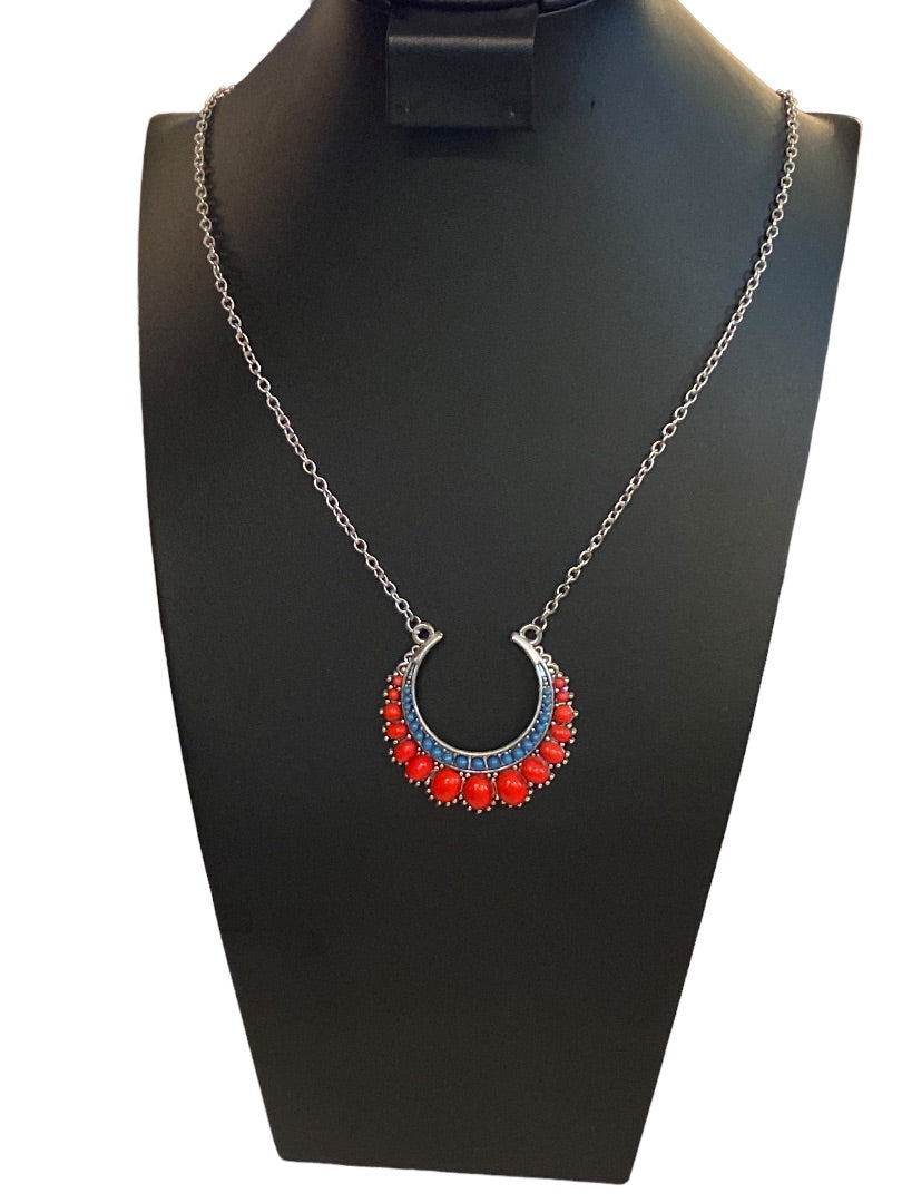 Silvertone Pendant Necklace Statement 33" Red Teal Beaded Pendant (2")