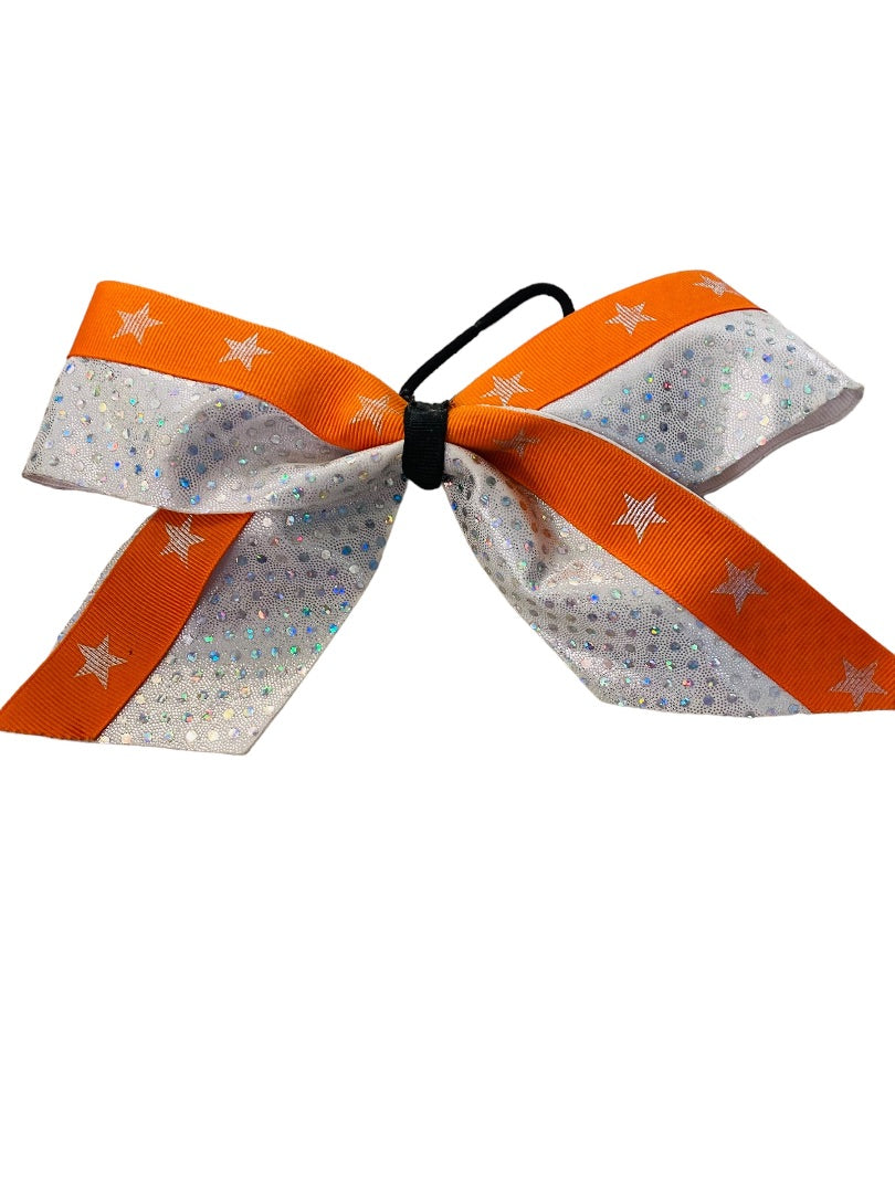 Girls Oversize Hair Bow 8" Elastic Ponytail Silver Orange Star Print