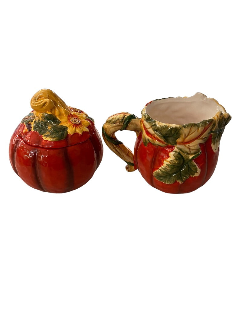 Country Road Ceramic Creamer and Lidded Sugar Bowl Pumpkin Fall Autumn