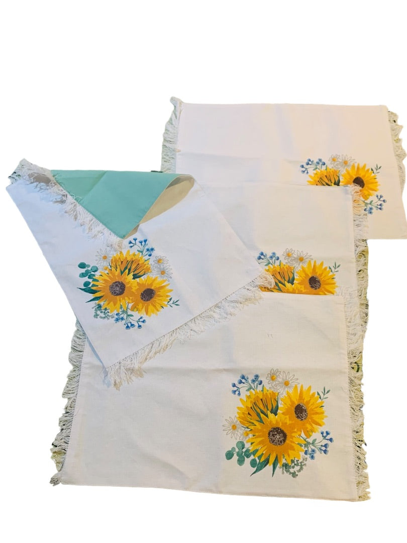 Set of 4 Backed Fabric 18" x 13" New Sunflower and Turquoise Fringed 100% Cotton