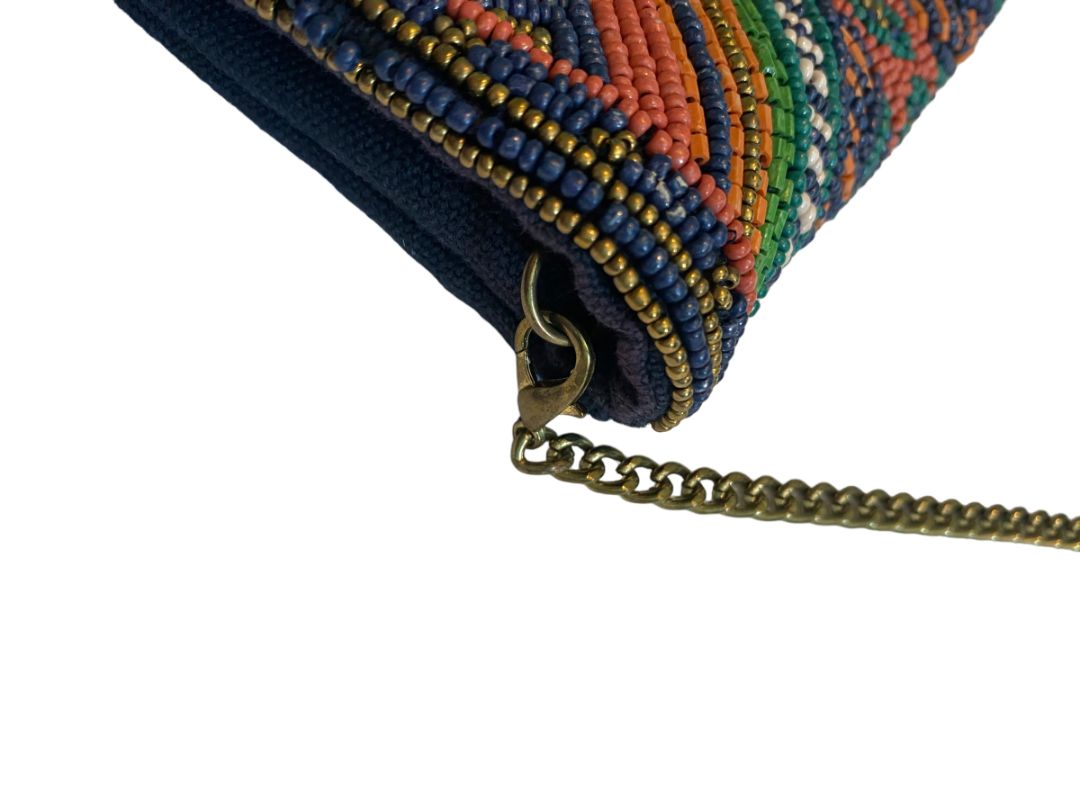 La Sera by Franchi Seed Beaded Envelope Clutch Crossbody Boho Gold Chain Navy Canvas