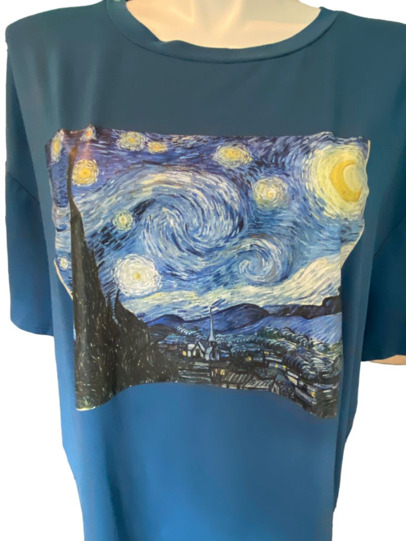 2X Shein Curve Peacock Blue Van Gogh Starry Night T-shirt Tee Shirt