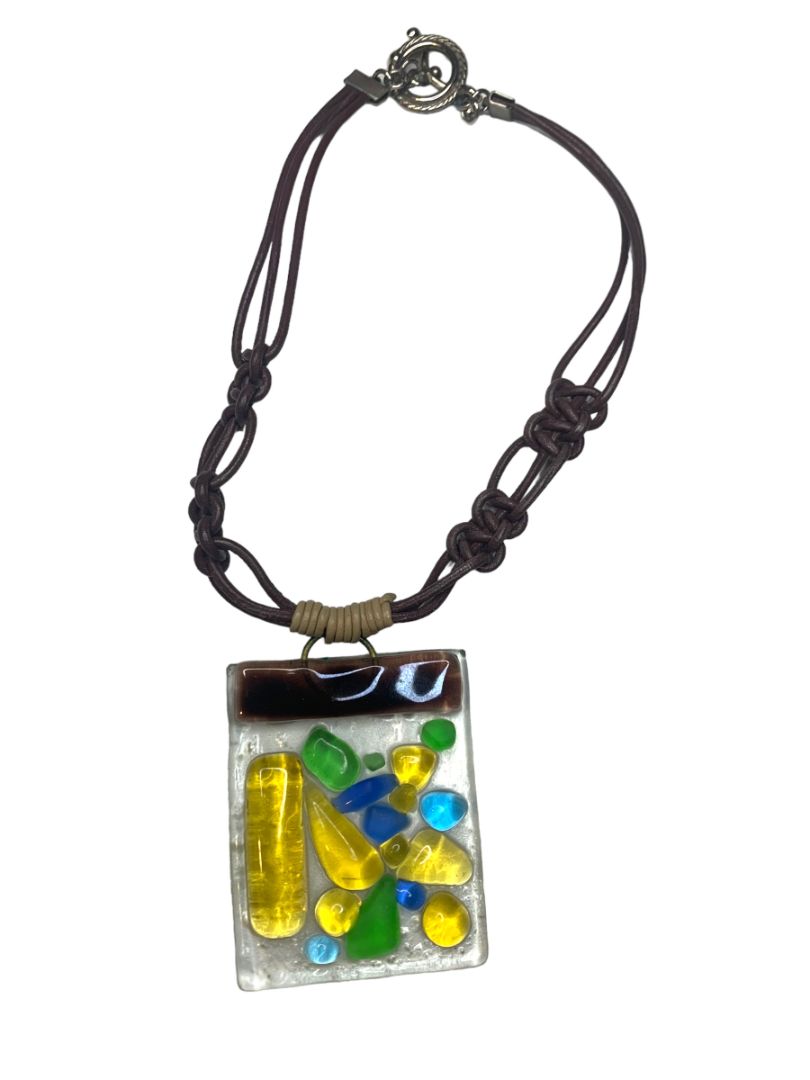 Art Glass Pendant Statement Necklace Mulitcolor 14" Toggle Clasp 2.2"h