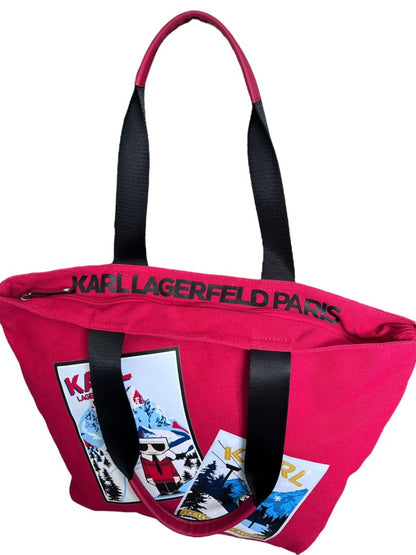 KARL LAGERFIELD Paris Large Canvas Tote Bag Top Zipper Closure Shoulder Bag Red Ski