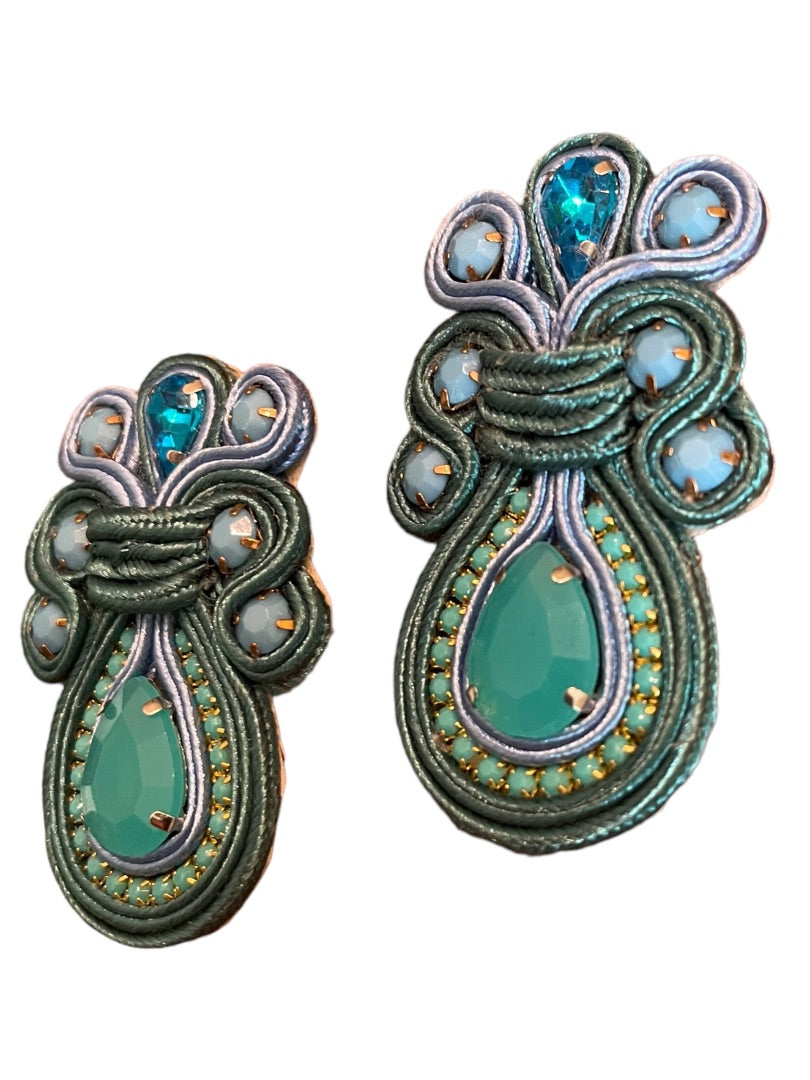 Soutache Post Earrings Flat Ribbon Statement Teardrop Turquoise Ornate 2.5"