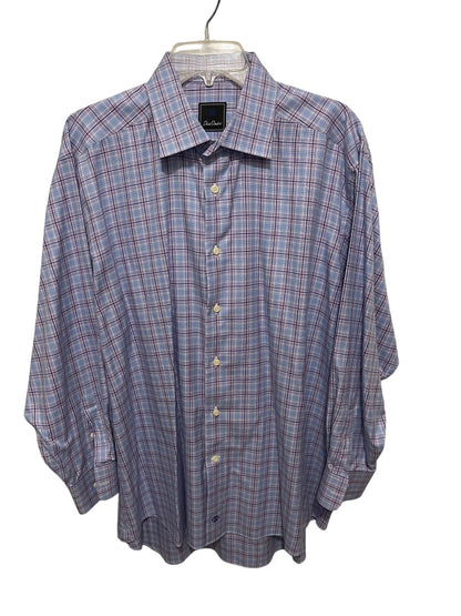 17.5 (32/33) David Donahue 100% Cotton Button Up Mens Plaid Dress Shirt Purple Blue Plaid