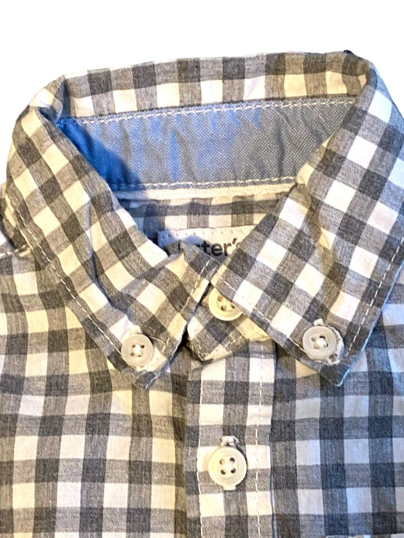 18M Carter's Boys Gray Gingham Button Down Shirt One Piece Snap Crotch