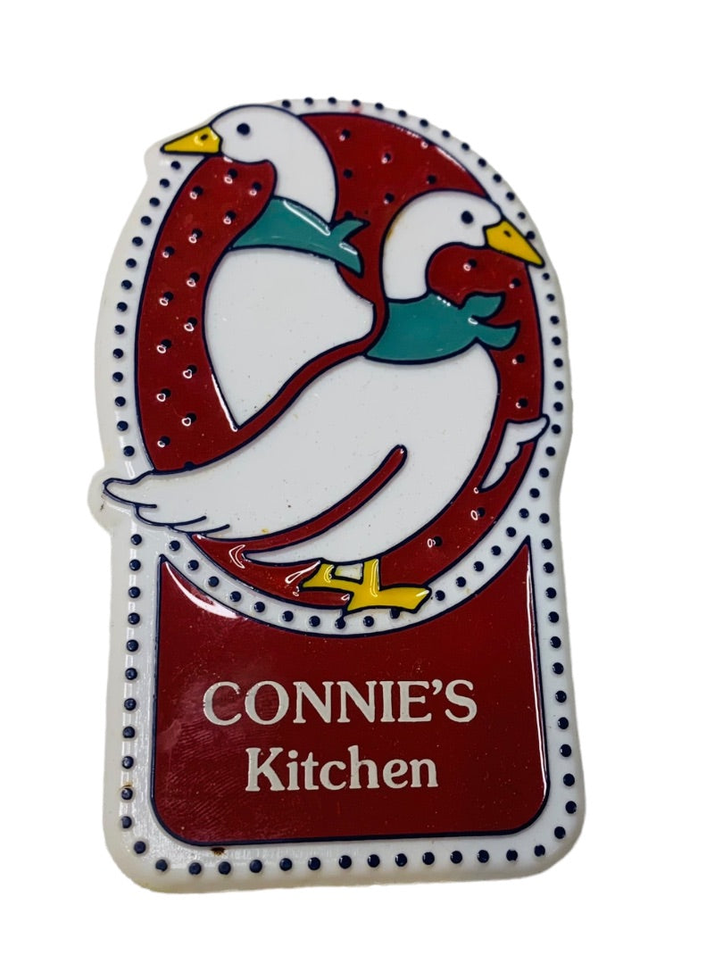 Vintage 1980s Country Goose Plastic Magnet "Connies Kitchen"  4.75" x 2.75"