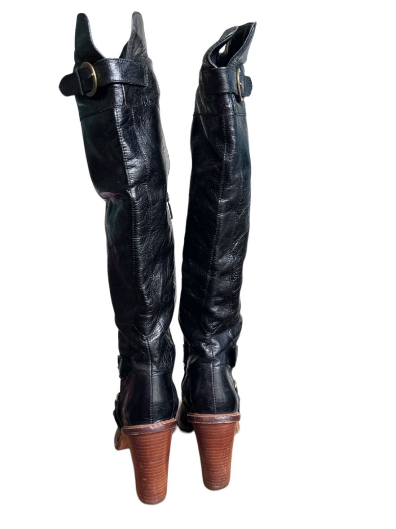 Size 8M Boutique Women's Charissa Black Leather Over the Knee Buckle Heeled Boots Boot