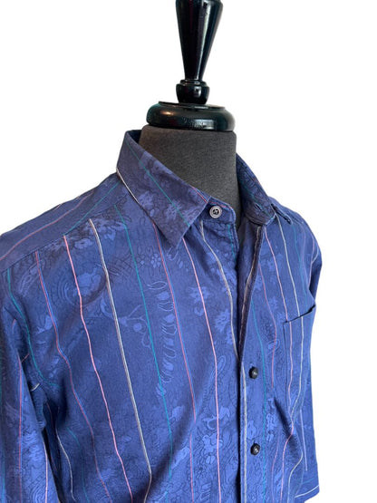 Size Small Tommy Bahama Blue Multi Stripe Floral Imprint Silk Blend Button Down Shirt