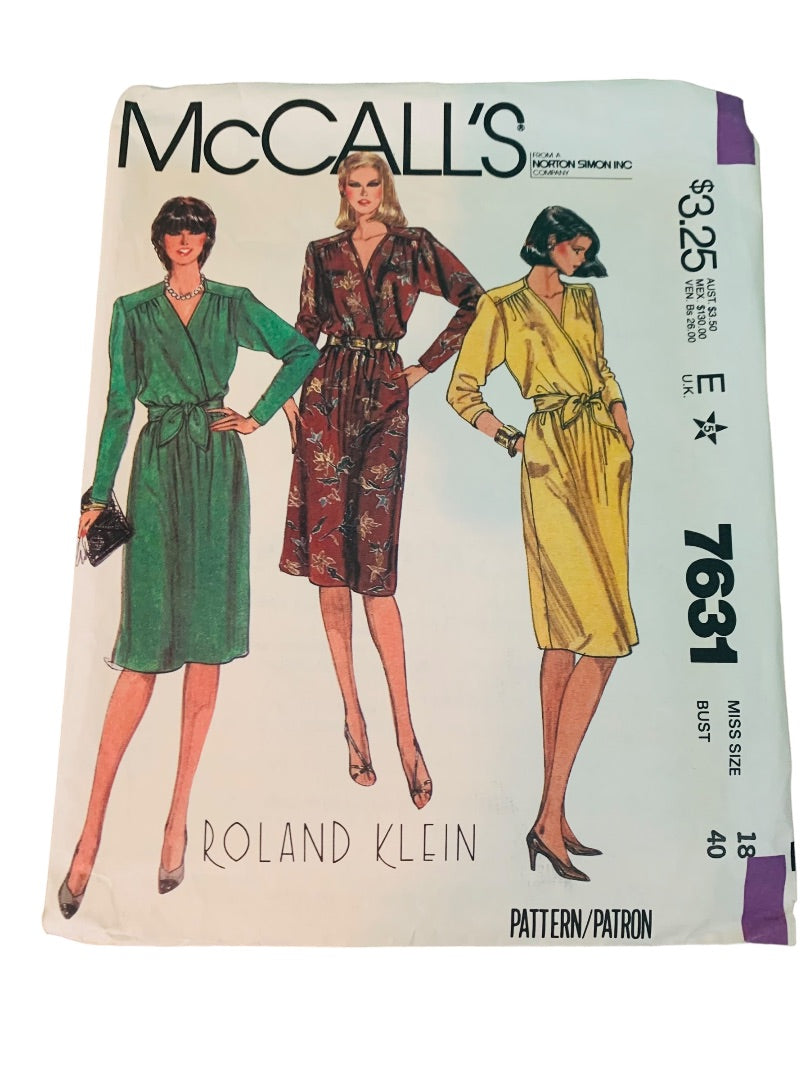 McCalls 7631 Uncut Pattern Vintage 1970s Roland Klein Miss Size 18 Bust 40 Dress