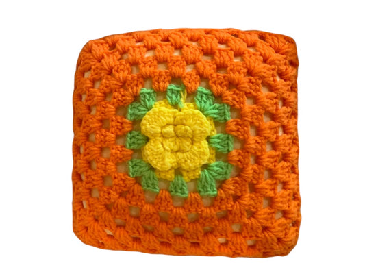 Vintage 1980s Crochet Cover Flower Throw Pillow 10" Accent Orange