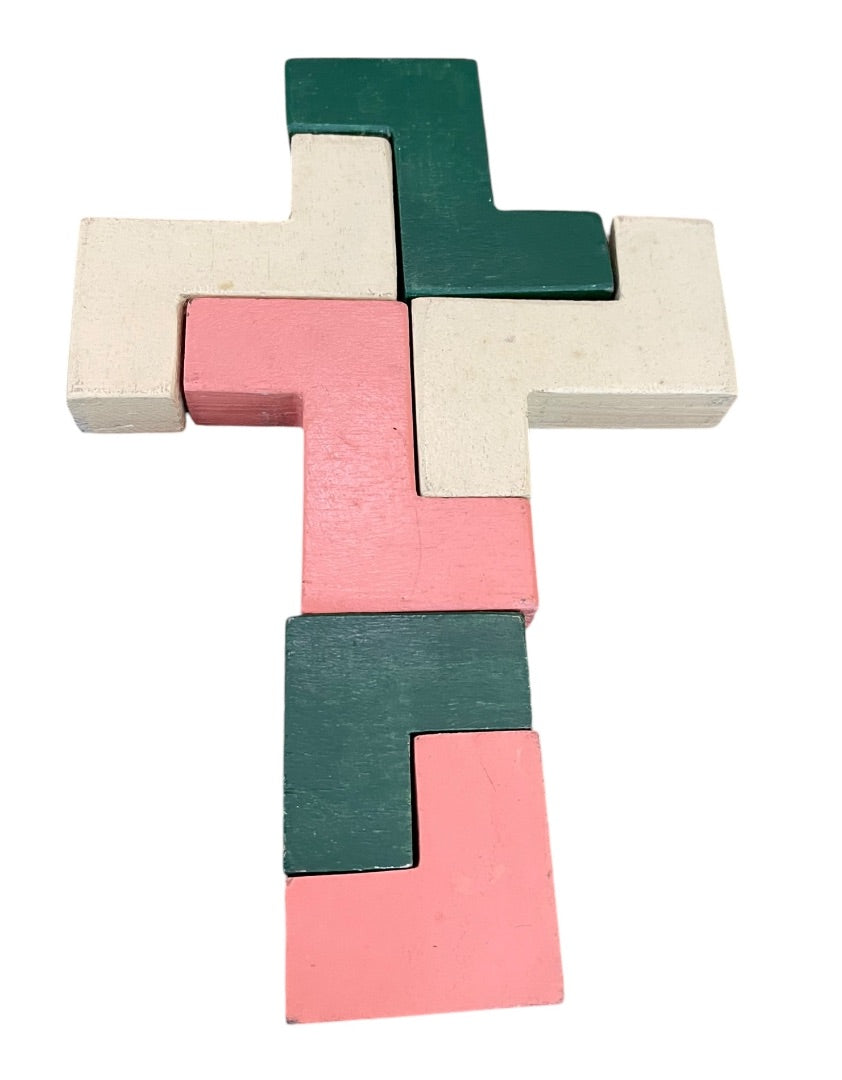 Vintage Wooden Cross Puzzle Toy 6 Pieces with Wooden Cross Box