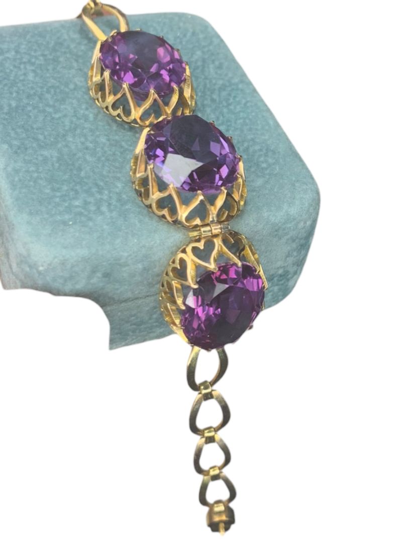 14k Yellow Gold Synthetic Amethyst Bracelet Vintage Jewelry Heart Filigree Setting 7.5"