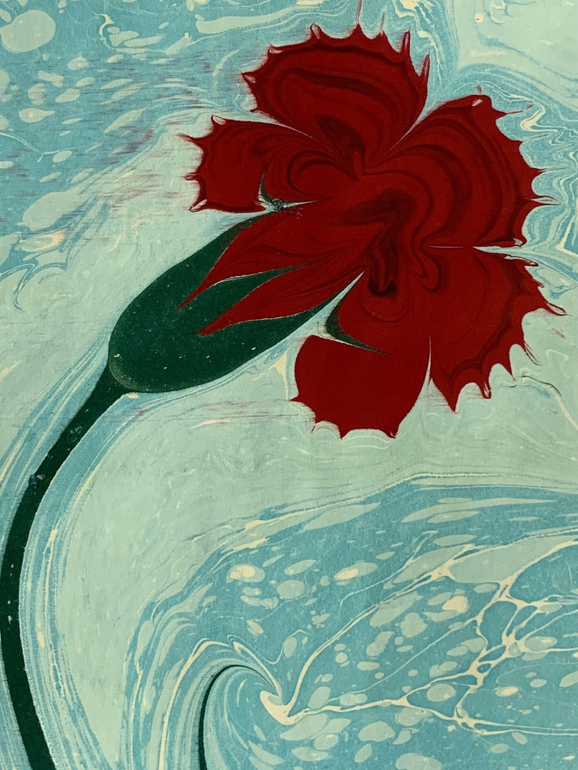 Turkish Art of Marbling Ebru Red Carnation Turquoise Marbled Painting 17.75" x 13.5"